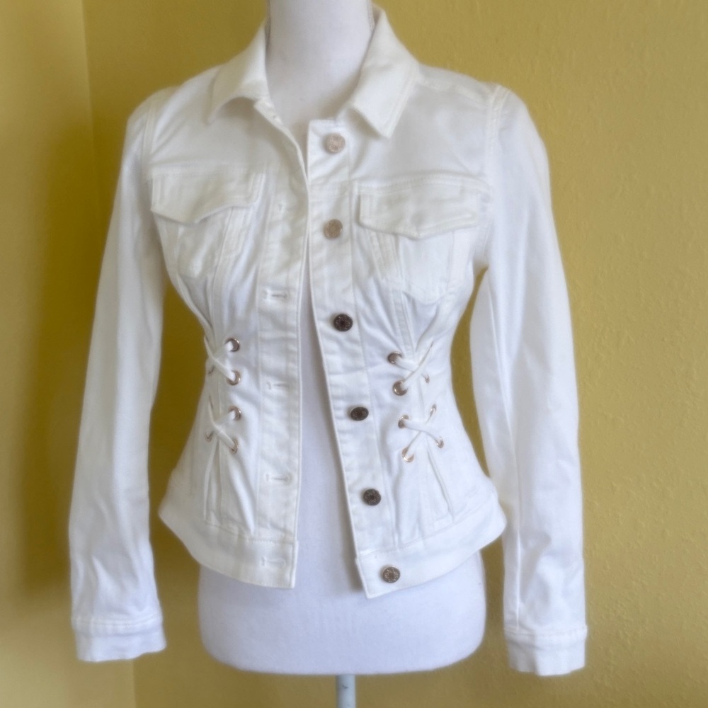 White House Black Market White Lace-Up Denim Jacket